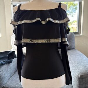Elegant Black Off-Shoulder Top with Silver Ruffle Accents by Valentine Size M